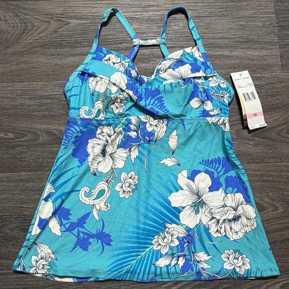 Beach House Tankini Top Size 10 Coastal Floral Tropical Hawaiian Blue White NEW - Picture 9 of 9